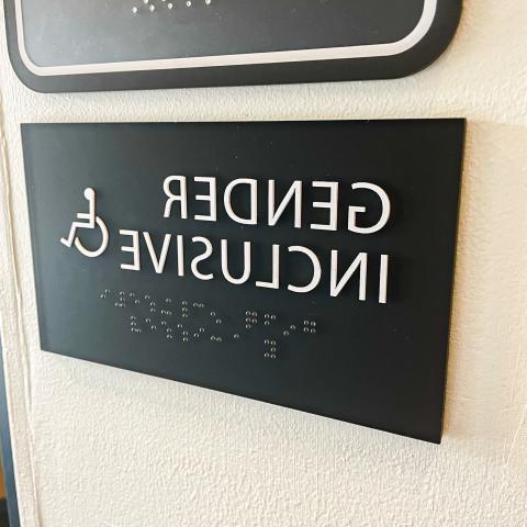 Door sign for gender inclusive restrooms.
